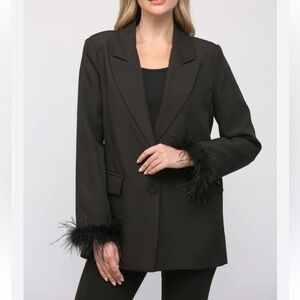 12th Tribe Black Feather Trim Women's Blazer XS